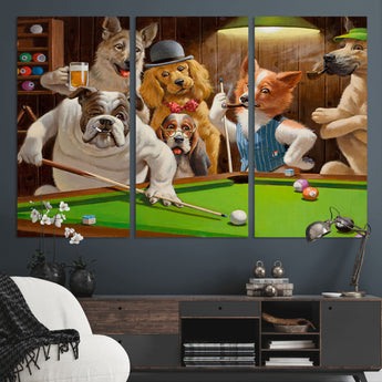34228-MGV-CV-36X24-Dogs Playing Pool Wall Art Canvas Print, Framed Funny Dog Art Picture Print, Dog Perfect Game Room Decor Artwork