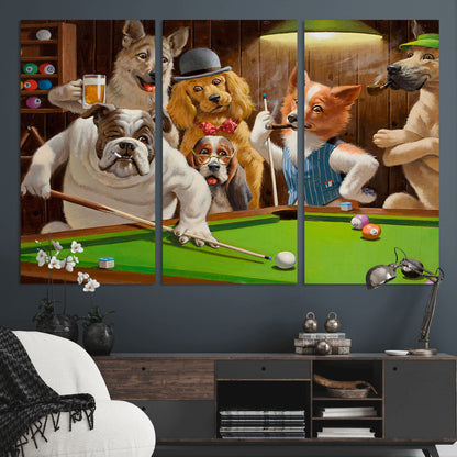 34228-MGV-CV-36X24-Dogs Playing Pool Wall Art Canvas Print, Framed Funny Dog Art Picture Print, Dog Perfect Game Room Decor Artwork