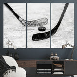 82900-MGV-CV-36X24-Hockey Wall Art – Black and White Canvas Print Ice Rink Sticks Puck Sports Photography, Modern Decor for Game Room, Man Cave,