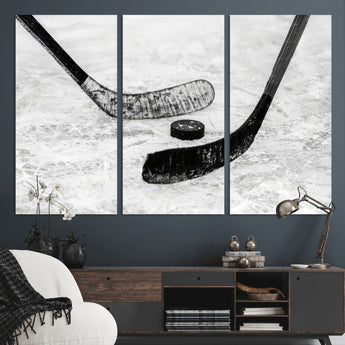 82900-MGV-CV-36X24-Hockey Wall Art – Black and White Canvas Print Ice Rink Sticks Puck Sports Photography, Modern Decor for Game Room, Man Cave,