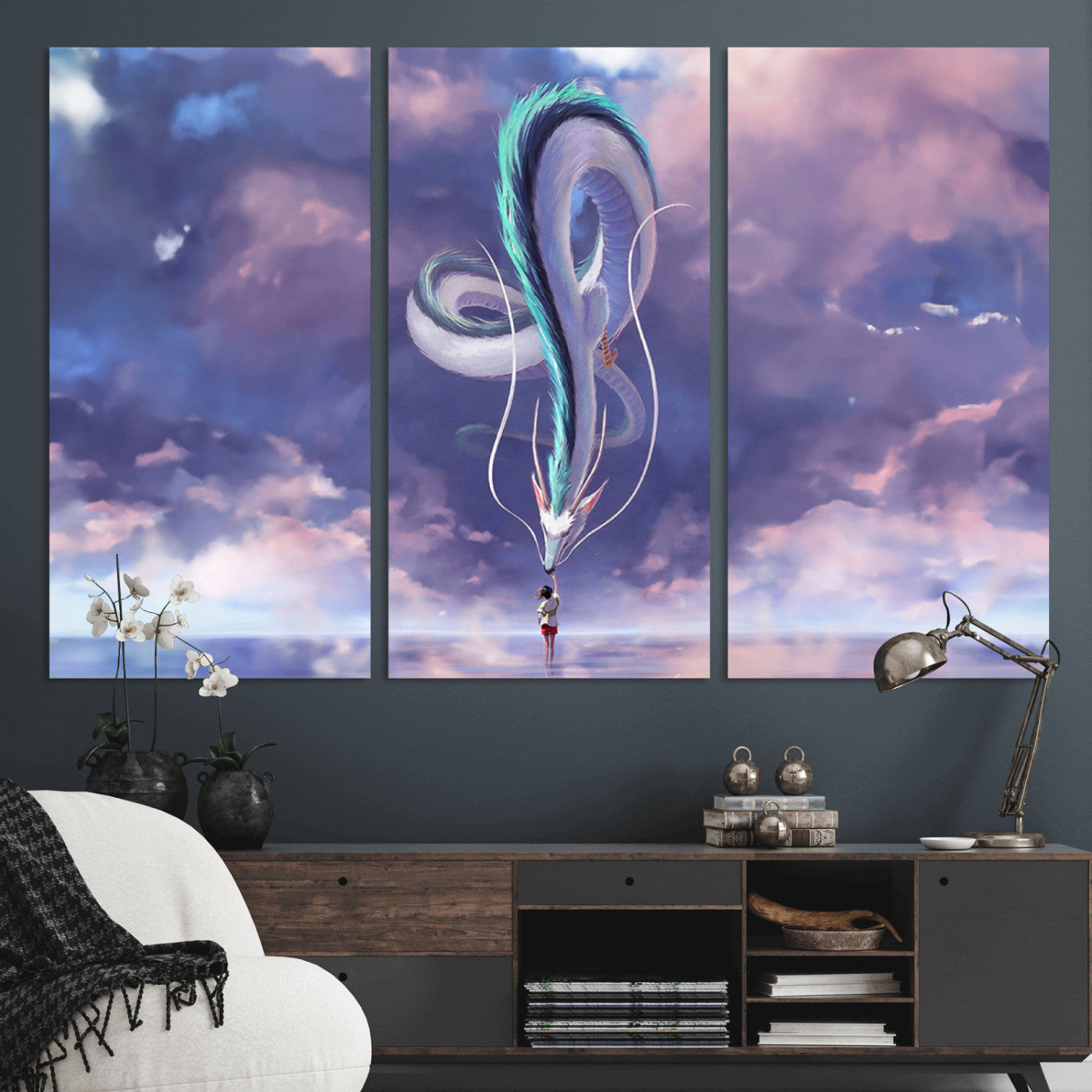 66864-MGV-CV-36X24-Fantasy Dragon Wall Art – Mystical Canvas Print Girl and Sky Serpent Dreamlike Clouds, Magical Anime Inspired Decor for Living