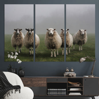 87339-MGV-CV-36X24-Sheep Wall Art – Rustic Farmhouse Canvas Print Flock Standing Misty Field Countryside Photography, Country Animal Decor for Living