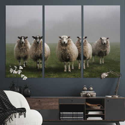 87339-MGV-CV-36X24-Sheep Wall Art – Rustic Farmhouse Canvas Print Flock Standing Misty Field Countryside Photography, Country Animal Decor for Living