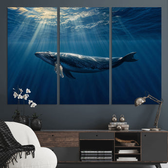 18052-MGV-CV-36X24-Whale Wall Art – Majestic Ocean Canvas Print Marine Life Underwater Sunlight Scene, Nautical Coastal Decor for Living Room,