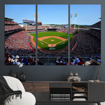 90998-MGV-CV-36X24-Baseball Stadium Wall Art – Canvas Print Day Game Field Packed Crowd Bright Blue Sky Sports Photography, Classic Decor for Game