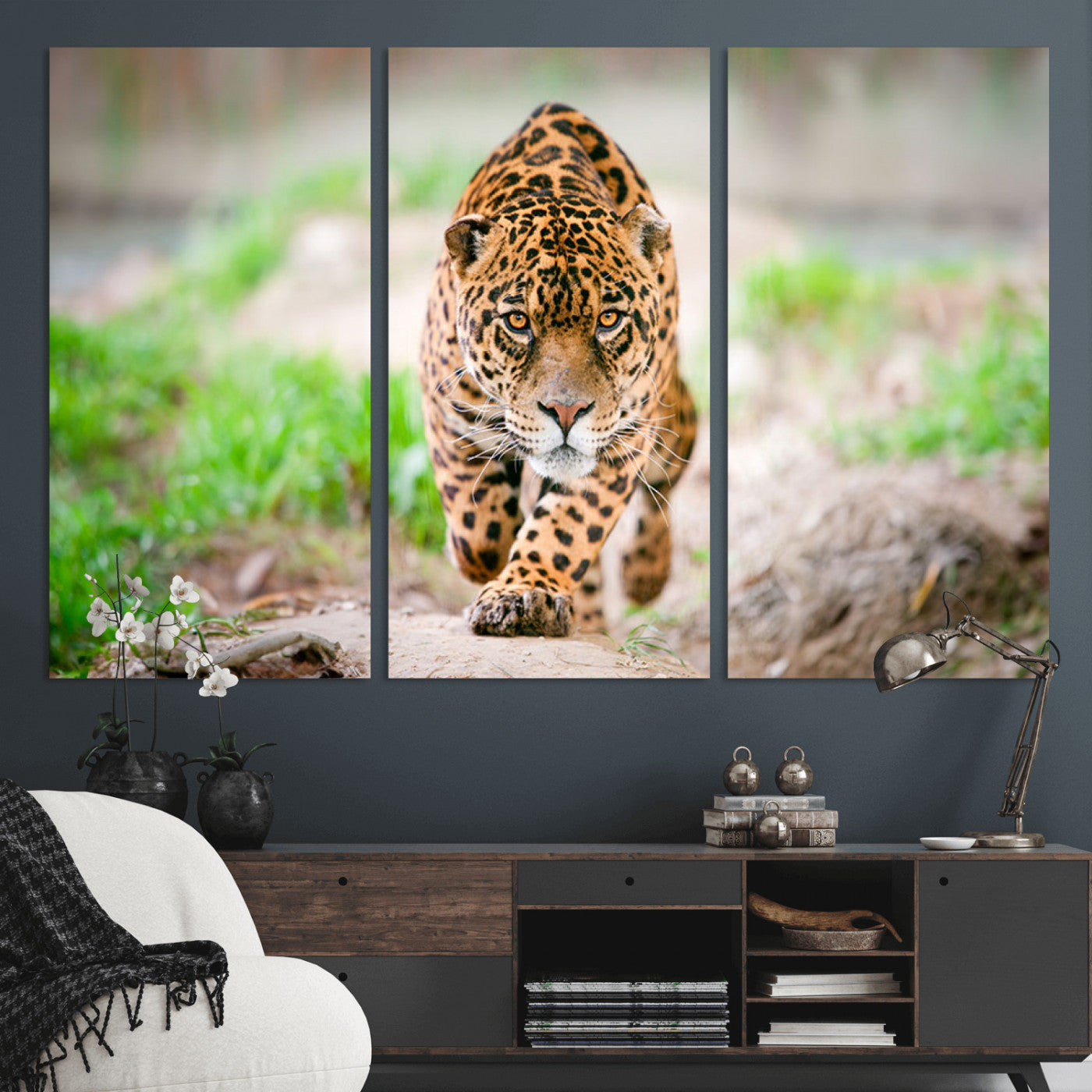 75066-MGV-CV-36X24-Leopard Wall Art Canvas Print, Framed Wild Animal Art Picture Print, Blue Eye Leopard Perfect Wild Minimal Decor Artwork