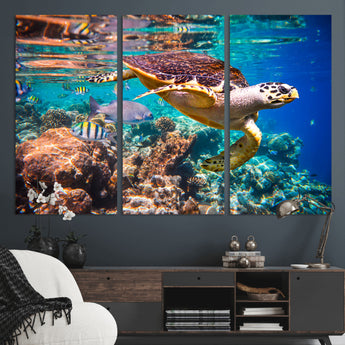 66614-MGV-CV-36X24-Sea Turtle Wall Art – Hawksbill Turtle Swimming Over Coral Reef Canvas Print, Ocean Marine Life Decor for Beach House, Coastal