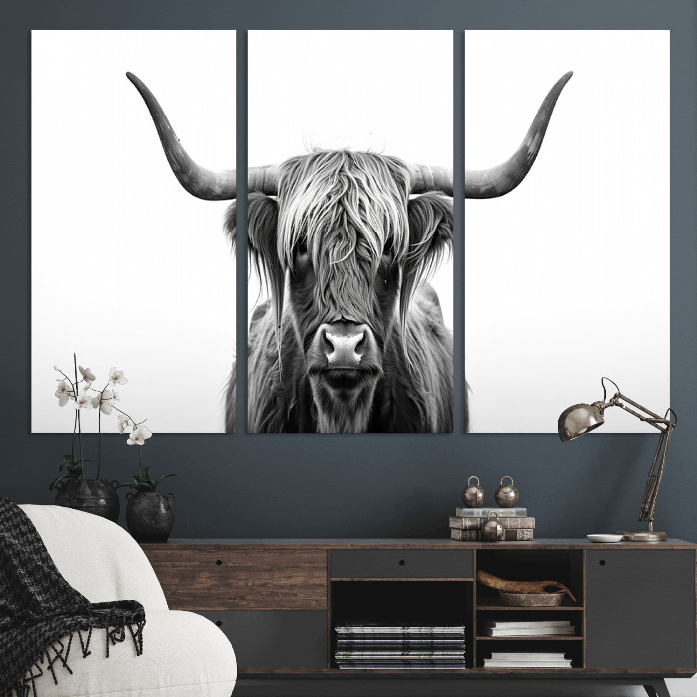 49556-MGV-CV-36X24-Highland Cow Wall Art – Black and White Scottish Highland Cattle Print, Rustic Farmhouse Minimalist Animal Portrait Canvas for