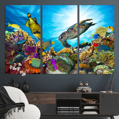 44772-MGV-CV-36X24-Underwater Sea Turtle Wall Art – Vibrant Coral Reef and Tropical Fish Canvas Print, Ocean Marine Life Decor for Living Room,