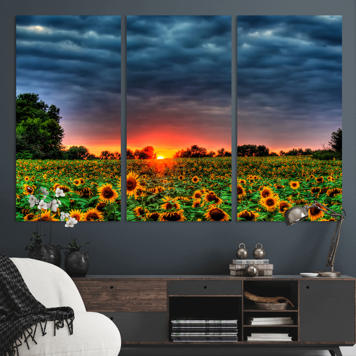 45045-MGV-CV-36X24-Sunflower Field Sunset Wall Art – Dramatic Stormy Sky Landscape Print, Vibrant Yellow Floral Nature Canvas for Living Room,
