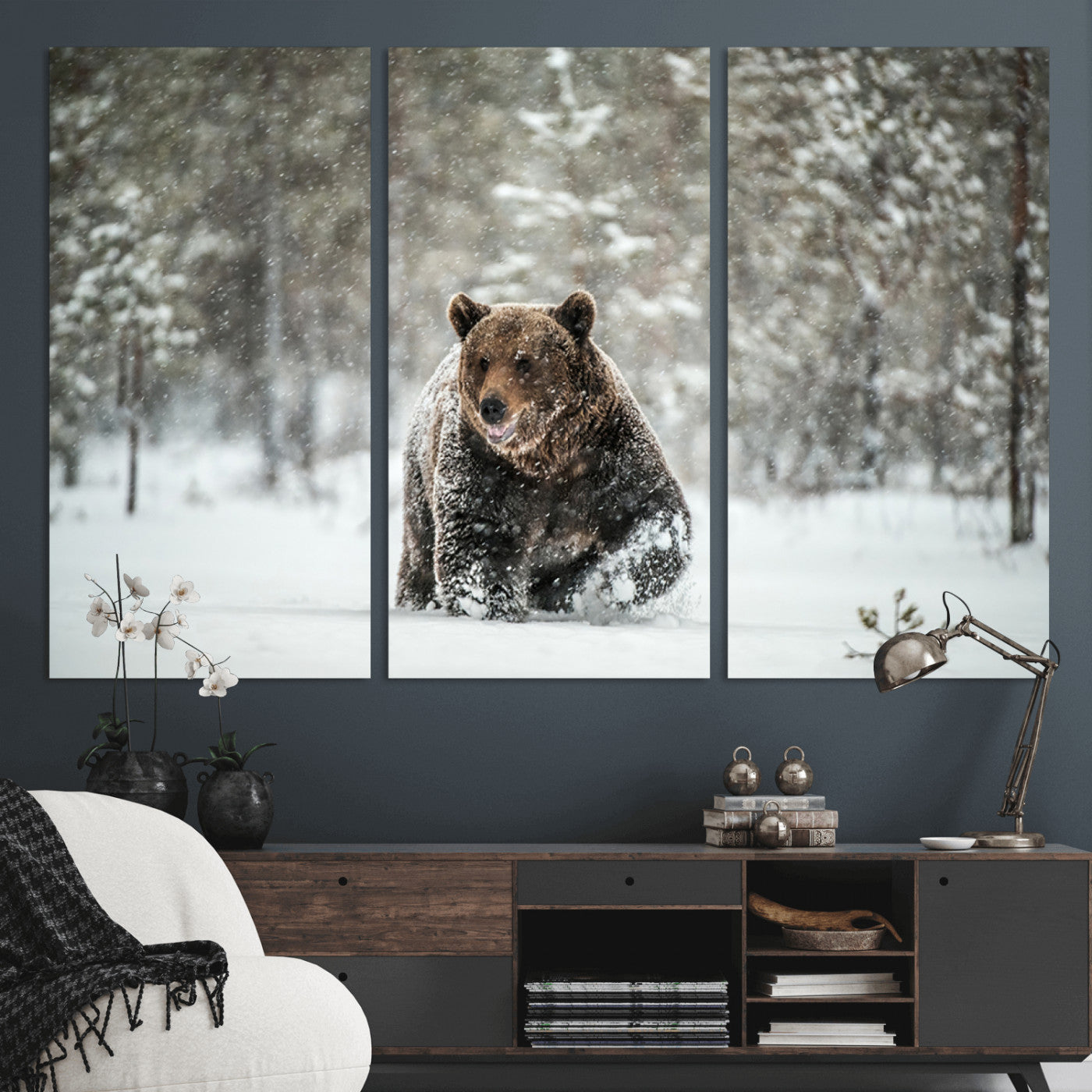 43350-MGV-CV-36X24-Wild Bear in Snow Wall Art – Majestic Wildlife Photography Print, Winter Forest Nature Decor for Cabin, Lodge, Rustic Home,