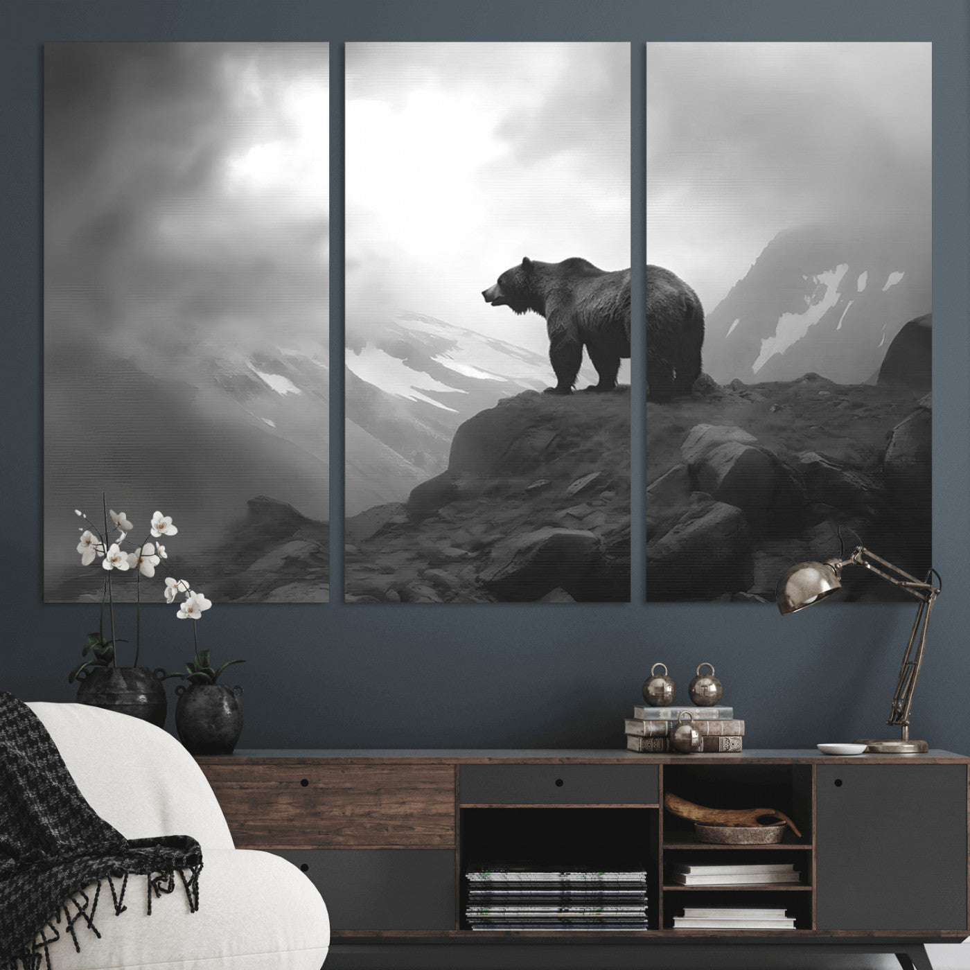 49504-MGV-CV-36X24-Black and White Grizzly Bear Wall Art – Wilderness Wildlife Painting, Rustic Mountain Cabin Decor, Monochrome Animal Print for
