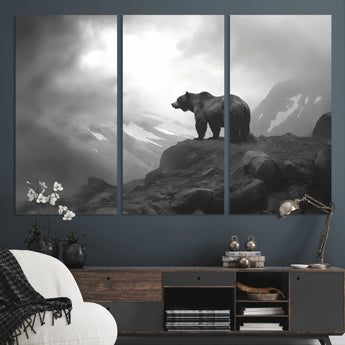 49504-MGV-CV-36X24-Black and White Grizzly Bear Wall Art – Wilderness Wildlife Painting, Rustic Mountain Cabin Decor, Monochrome Animal Print for