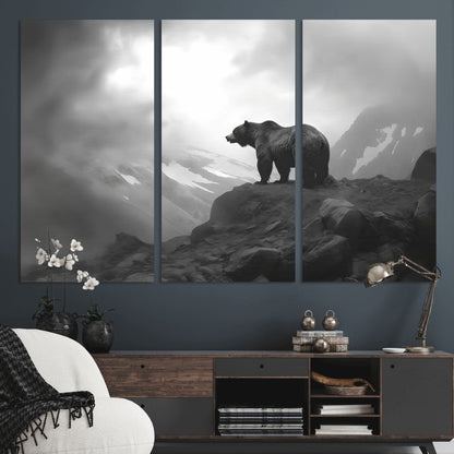 49504-MGV-CV-36X24-Black and White Grizzly Bear Wall Art – Wilderness Wildlife Painting, Rustic Mountain Cabin Decor, Monochrome Animal Print for