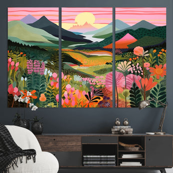99638-MGV-CV-36X24-Sunset Meadow Wall Art – Panoramic Mountain Landscape with Wildflowers Canvas Print, Vibrant Nature Decor for Living Room, Bedroom