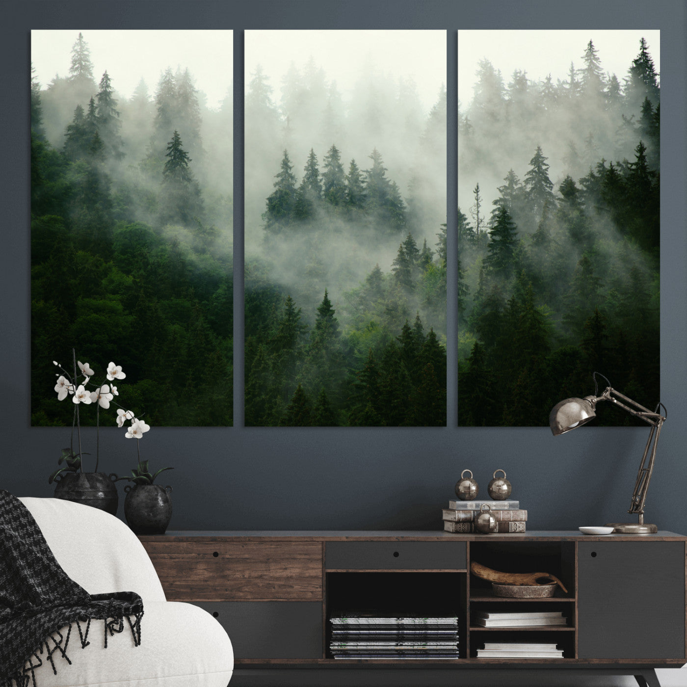 167720496-MGV-CV-48X32-3P-Misty Forest Wall Art – Serene Evergreen Trees Canvas Print, Foggy Mountain Nature Landscape Decor for Bedroom, Living Room or