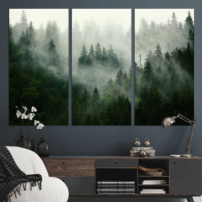 167720496-MGV-CV-48X32-3P-Misty Forest Wall Art – Serene Evergreen Trees Canvas Print, Foggy Mountain Nature Landscape Decor for Bedroom, Living Room or