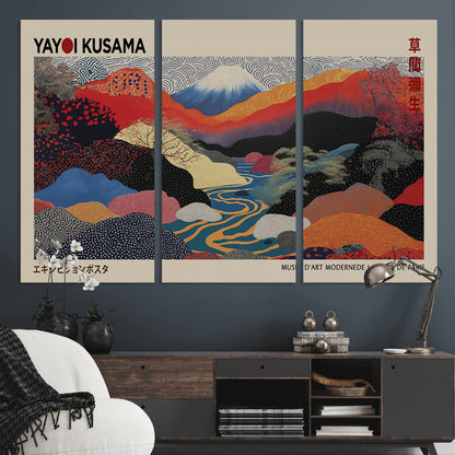 49228-MGV-FC-93X47-3P_Black-Kusama Wall Art – Vibrant Japanese Landscape Canvas Print, Modern Abstract Mountain and River Decor for Living Room, Office or Art