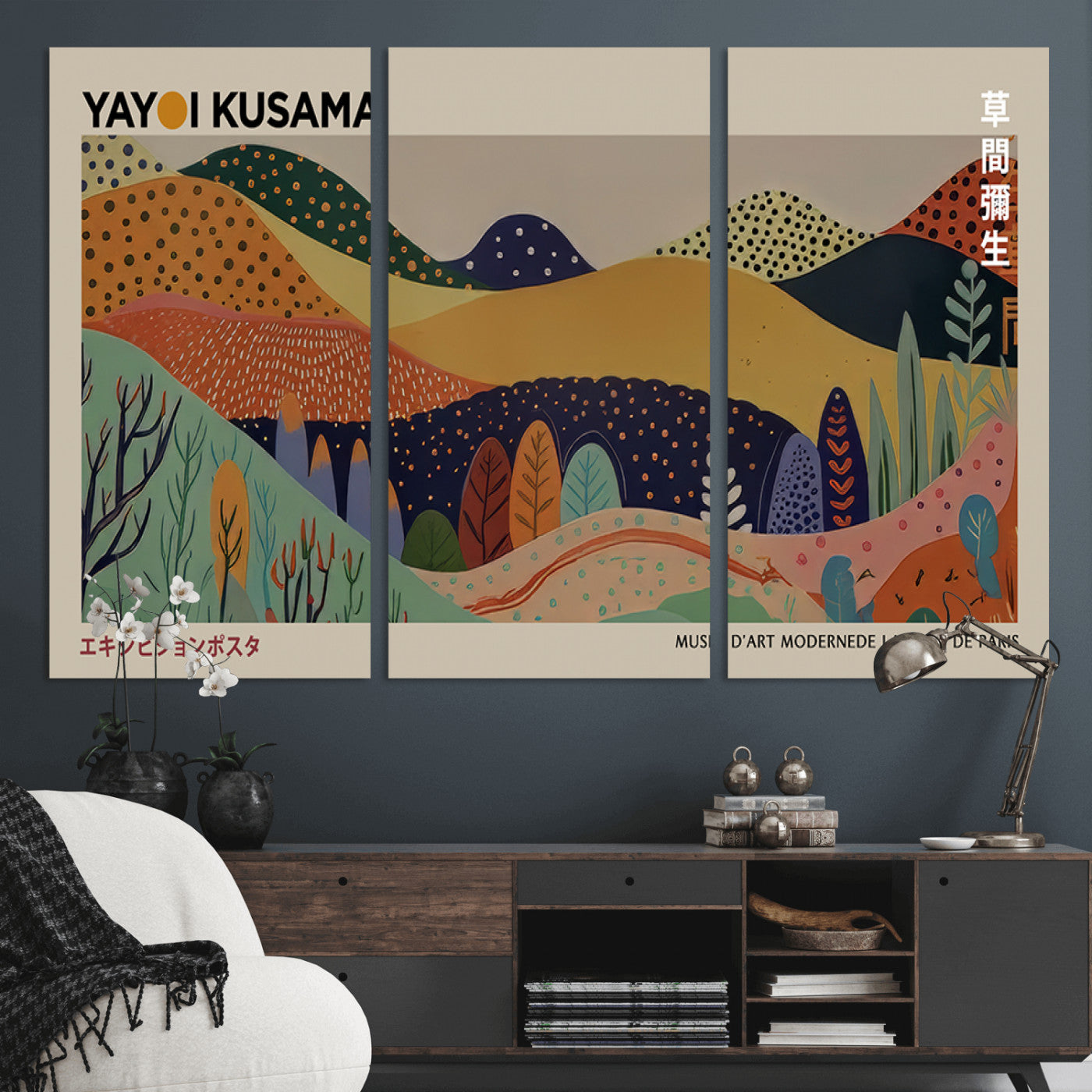 11242-MGV-CV-36X24-Kusama Wall Art – Abstract Colorful Hills Canvas Print, Modern Japanese Inspired Landscape Poster for Living Room, Office or