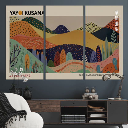 11242-MGV-CV-36X24-Kusama Wall Art – Abstract Colorful Hills Canvas Print, Modern Japanese Inspired Landscape Poster for Living Room, Office or