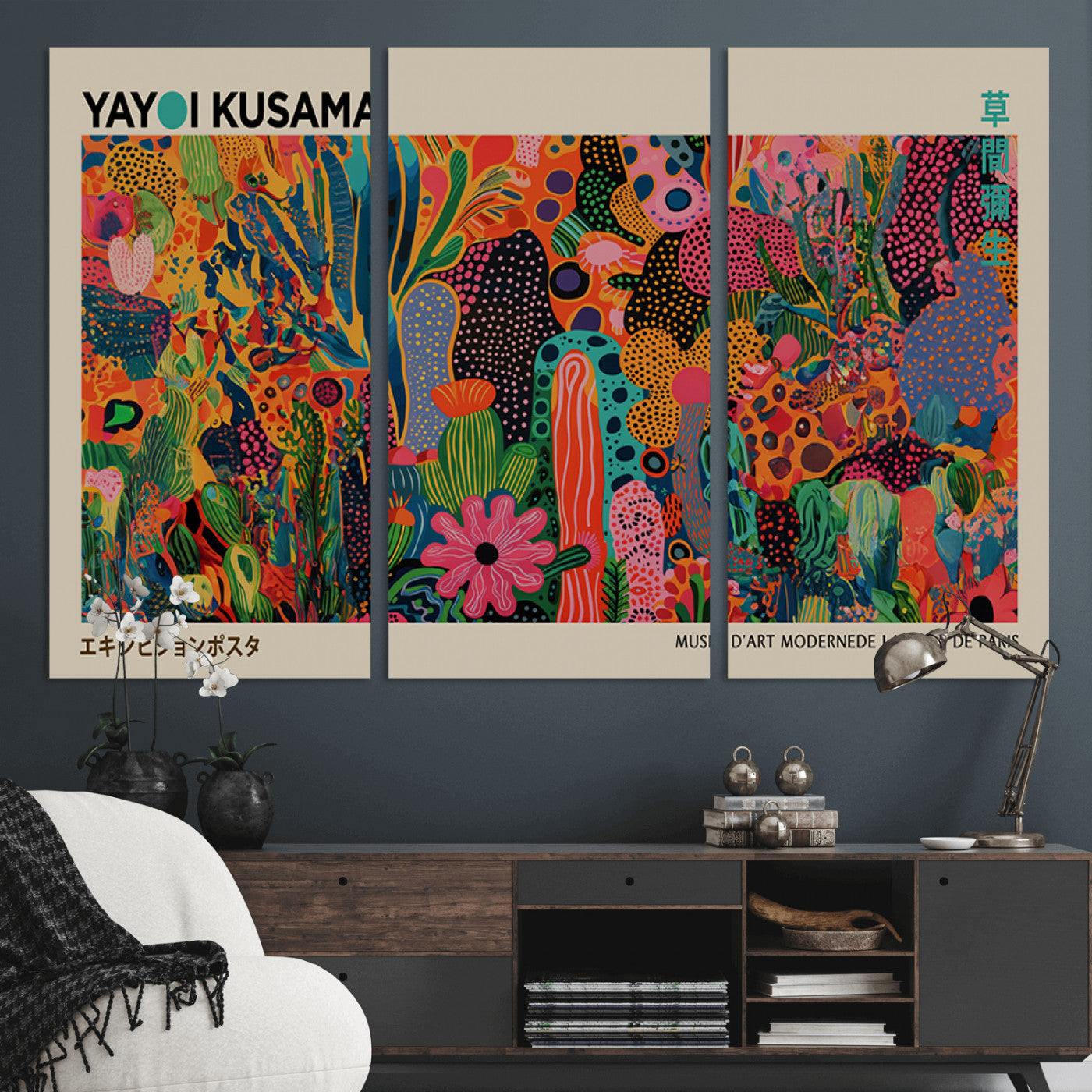 40791-MGV-CV-36X24-Kusama Inspired Wall Art – Vibrant Abstract Floral Jungle Canvas Print, Bold Pop Art Botanical Decor for Living Room, Bedroom, or