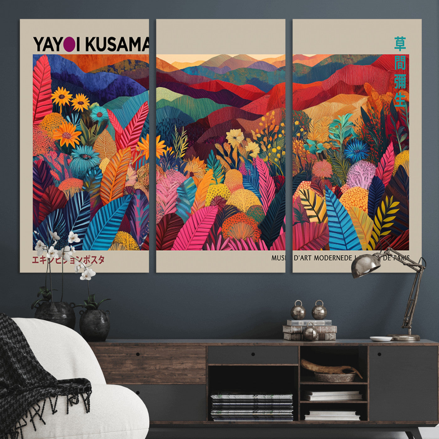 70959-MGV-CV-36X24-Yayoi Kusama Inspired Wall Art – Bold Floral Landscape Canvas Print, Vibrant Modern Abstract Poster for Living Room, Bedroom, or