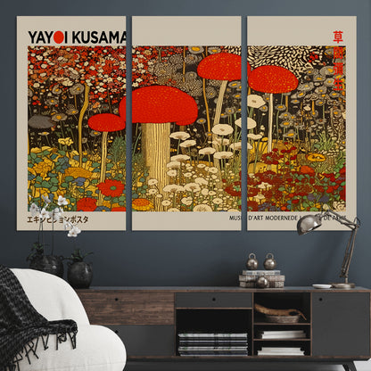 38013-MGV-CV-36X24-Yayoi Kusama Inspired Mushroom Garden Wall Art – Whimsical Botanical Canvas Print, Surreal Nature Poster, Fantasy Floral Artwork