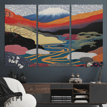 32131-MGV-CV-36X24-Japanese Mount Fuji Wall Art – Abstract Landscape Canvas Print with Swirling Sky & River, Modern Minimalist Asian Inspired Poster
