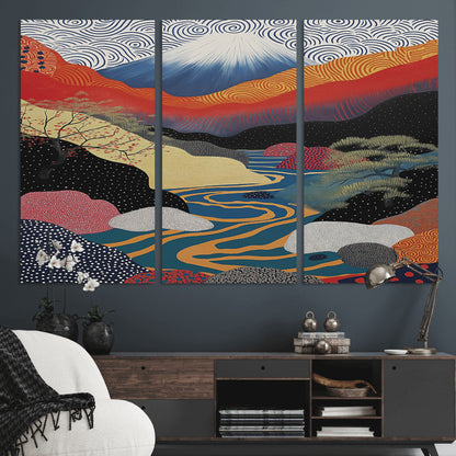 32131-MGV-CV-36X24-Japanese Mount Fuji Wall Art – Abstract Landscape Canvas Print with Swirling Sky & River, Modern Minimalist Asian Inspired Poster