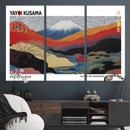 14839-MGV-CV-36X24-Yayoi Kusama Wall Art – Panoramic Mountain & River Canvas Print, Modern Abstract Japanese Landscape Decor for Living Room or