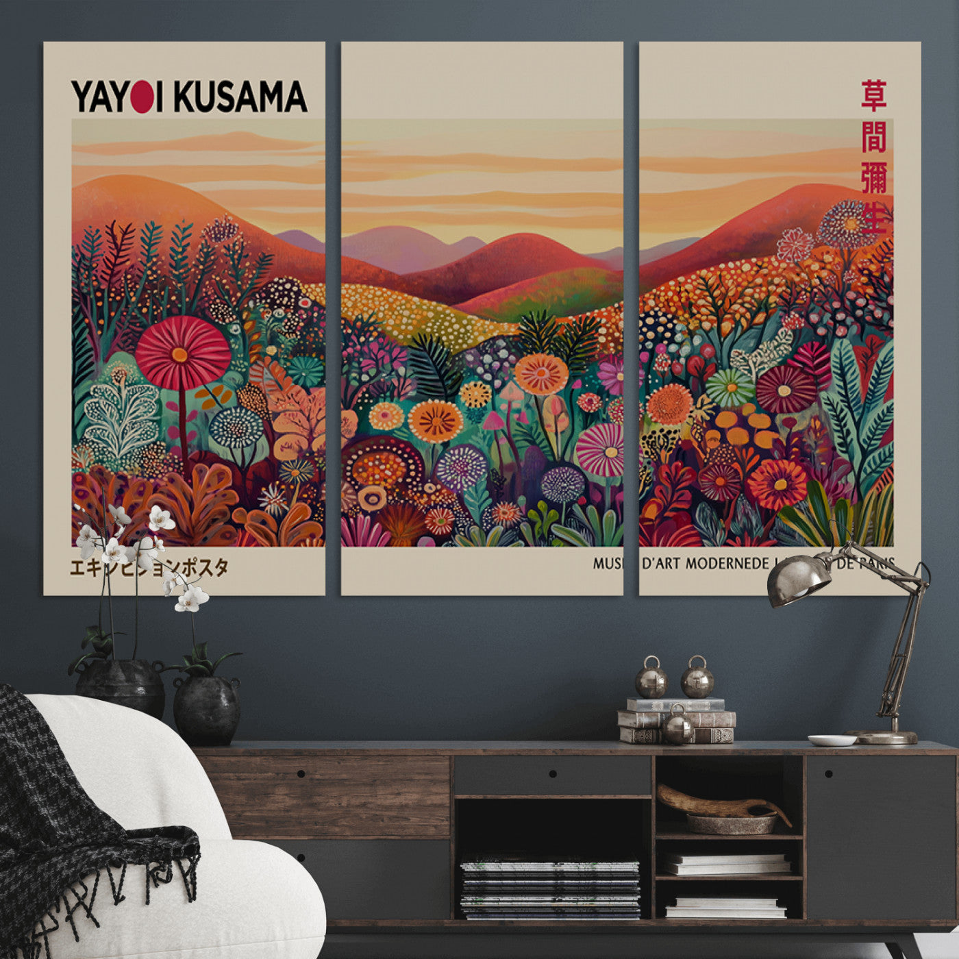 66096-MGV-CV-48X32-3P-Yayoi Kusama Wall Art – Sunset Floral Landscape Canvas Print, Vibrant Flower Garden Panorama for Living Room, Bedroom or Office