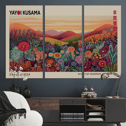 66096-MGV-CV-48X32-3P-Yayoi Kusama Wall Art – Sunset Floral Landscape Canvas Print, Vibrant Flower Garden Panorama for Living Room, Bedroom or Office