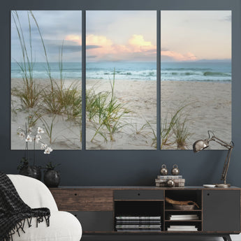 Test1001-MGV-CV-36X24-Coastal Beach Wall Art – Panoramic Ocean Waves and Sandy Dunes Canvas Print, Serene Seascape with Sea Oats for Relaxing Home or