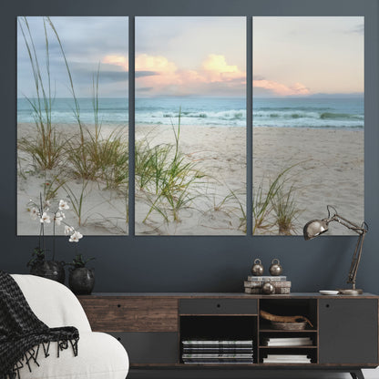 Test1001-MGV-CV-36X24-Coastal Beach Wall Art – Panoramic Ocean Waves and Sandy Dunes Canvas Print, Serene Seascape with Sea Oats for Relaxing Home or