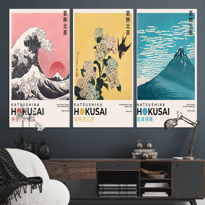 Katsushika-MGV-CV-36X24-Katsushika Hokusai Wall Art Set – The Great Wave, Hydrangea and Swallow, Fine Wind Canvas Prints, Japanese Ukiyo e Style Home and