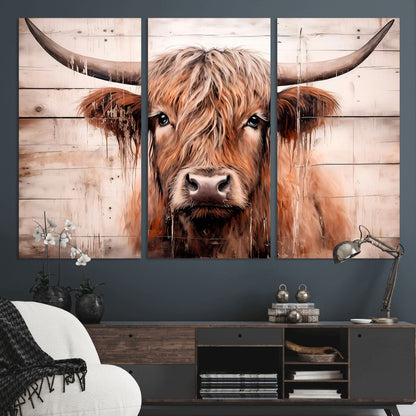 93730-MGV-CV-48X32-3P-Scottish Cow Wall Art Canvas Print, Framed Longhorn Cow Art Picture Print, Highland Cattle Perfect Rustic Farmhouse Decor Artwork