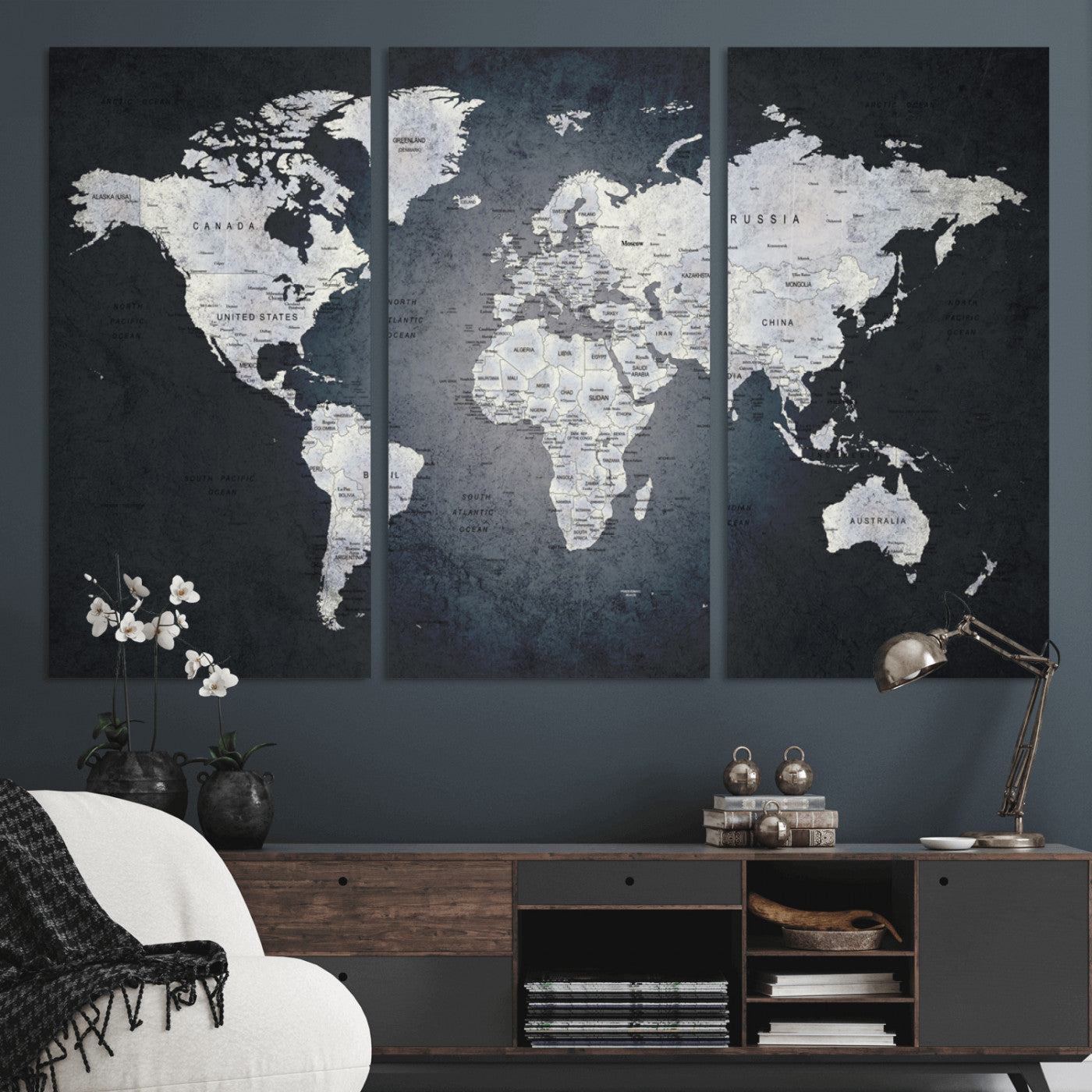 19124-MGV-CV-36X24-Modern World Map Wall Art – Black and White Canvas Print, Minimalist Global Map Decor for Office, Study, Bedroom or Living Room