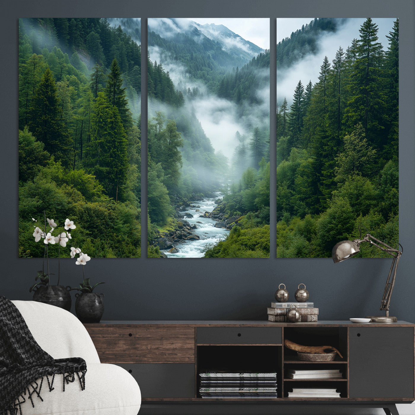 69453-MGV-CV-36X24-Mountain Forest Wall Art – Misty River and Evergreen Landscape Canvas Print, Nature Photography Poster for Living Room, Bedroom,