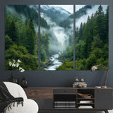 69453-MGV-CV-36X24-Mountain Forest Wall Art – Misty River and Evergreen Landscape Canvas Print, Nature Photography Poster for Living Room, Bedroom,