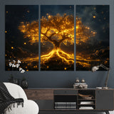 60194-MGV-CV-36X24-Glowing Tree Wall Art – Golden Roots Fantasy Canvas Print, Mystical Illuminated Tree Painting Poster for Living Room, Bedroom,