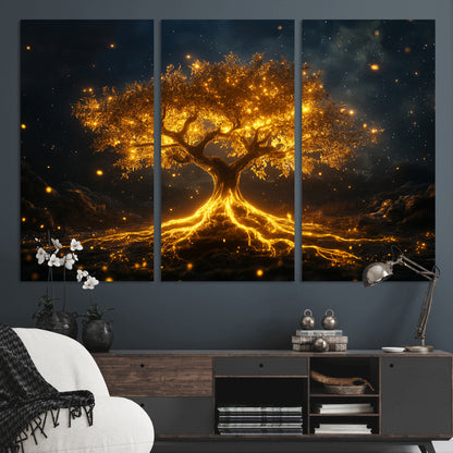 60194-MGV-CV-36X24-Glowing Tree Wall Art – Golden Roots Fantasy Canvas Print, Mystical Illuminated Tree Painting Poster for Living Room, Bedroom,