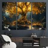 92739-MGV-CV-36X24-Glowing Tree Wall Art – Enchanted Golden Forest Canvas Print, Mystical Illuminated Nature Painting Poster for Living Room,
