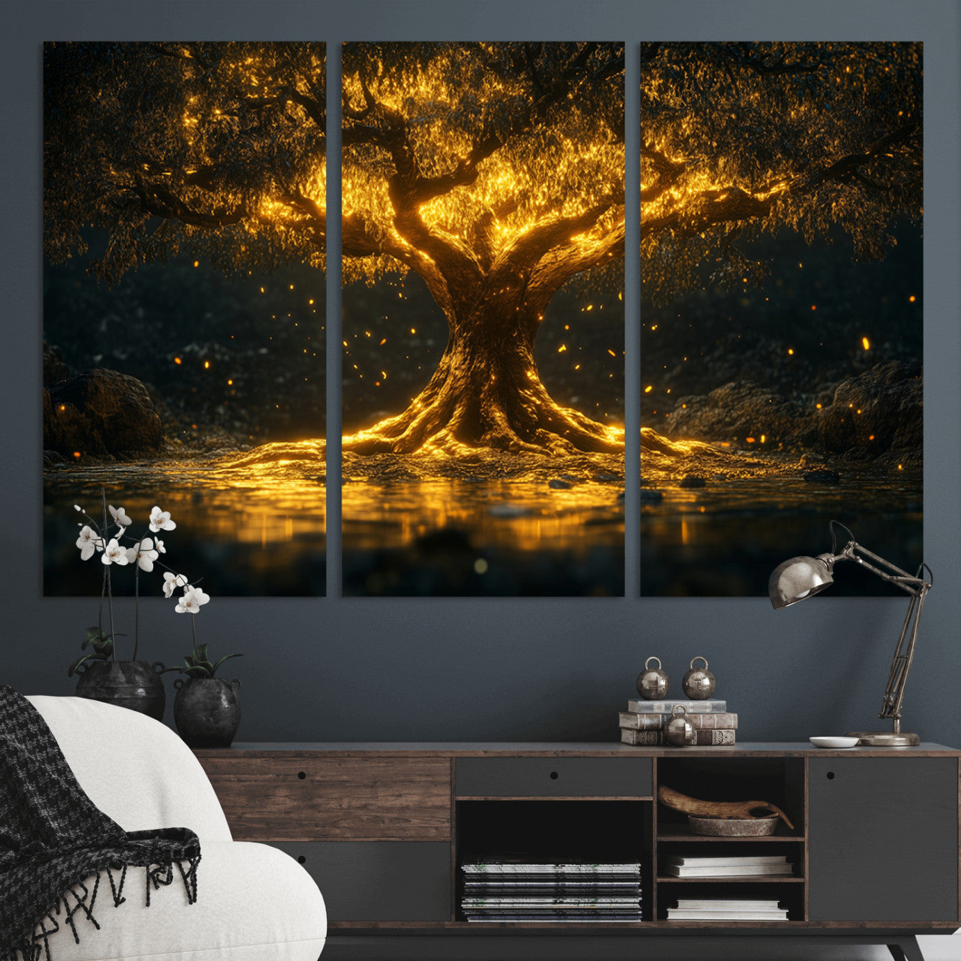 59580-MGV-CV-36X24-Glowing Tree Wall Art – Golden Fantasy Nature Canvas Print, Mystical Illuminated Tree Painting Poster for Living Room, Bedroom,