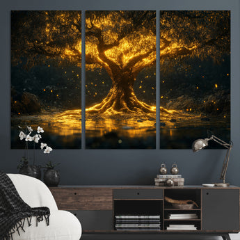 59580-MGV-CV-36X24-Glowing Tree Wall Art – Golden Fantasy Nature Canvas Print, Mystical Illuminated Tree Painting Poster for Living Room, Bedroom,