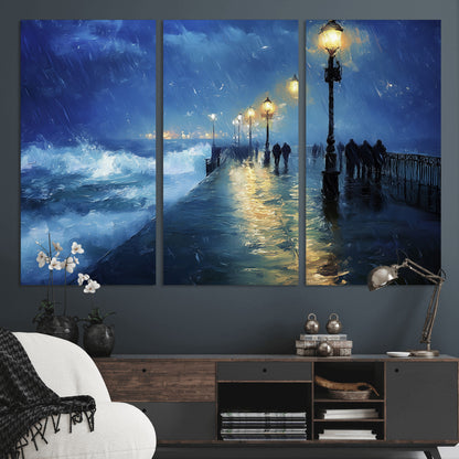 76572-MGV-CV-36X24-Stormy Night Pier Wall Art – Ocean Waves and Street Lamps Canvas Print, Rainy Seascape Oil Painting Poster for Living Room,