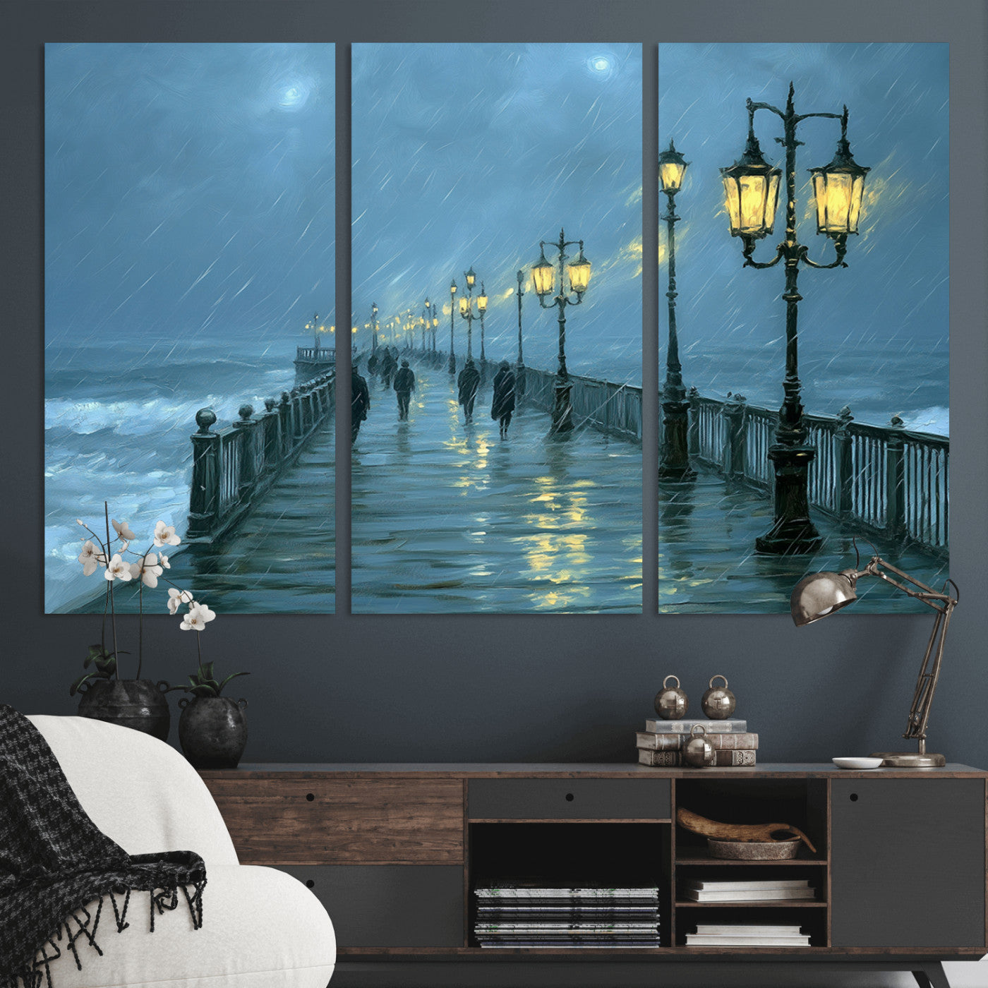 79606-MGV-CV-36X24-Rainy Pier Night Wall Art – Ocean Waves and Street Lamps Canvas Print, Moody Seascape Oil Painting Poster for Living Room,