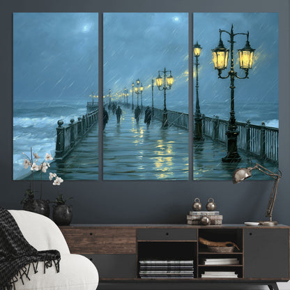 79606-MGV-CV-36X24-Rainy Pier Night Wall Art – Ocean Waves and Street Lamps Canvas Print, Moody Seascape Oil Painting Poster for Living Room,