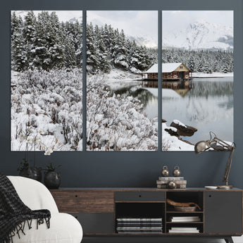 94285-MGV-CV-36X24-Snowy Cabin Wall Art Canvas Print, Framed Winter Cabin Art Picture Print, Mountain Lake Perfect Snowy Nature Decor Artwork