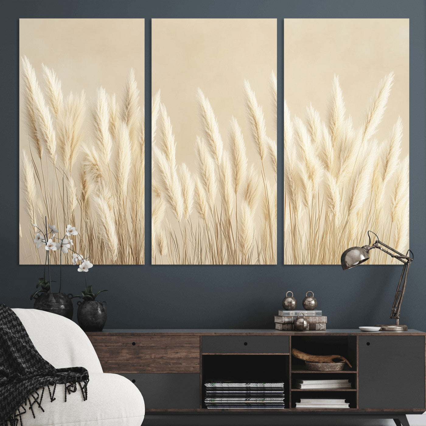 81444-MGV-CV-36X24-Pampas Grass Wall Art Canvas Print, Framed Beige Pampas Grass Art Picture Print, Minimalist Beige Perfect Minimalist Nature Decor