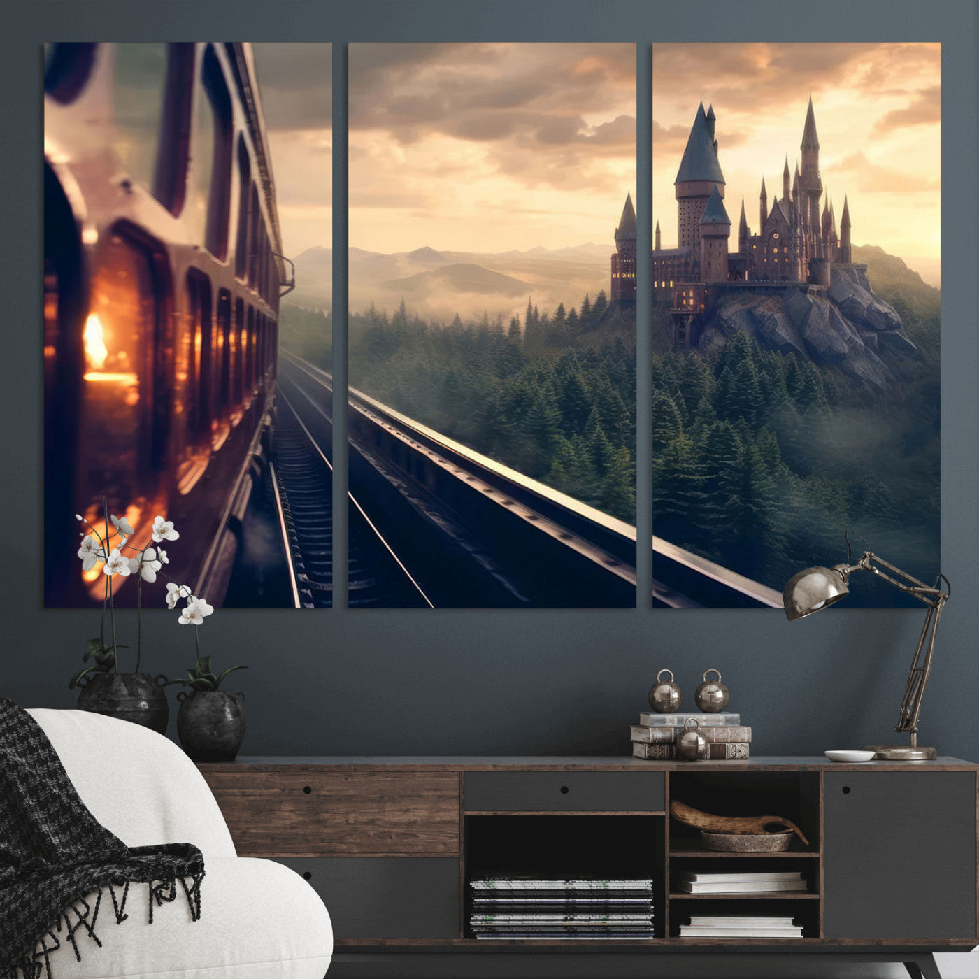84029-MGV-CV-36X24-Fantasy Castle Wall Art – Magical Train Sunset Forest Canvas Print, Enchanted Landscape Painting Poster for Living Room, Bedroom,